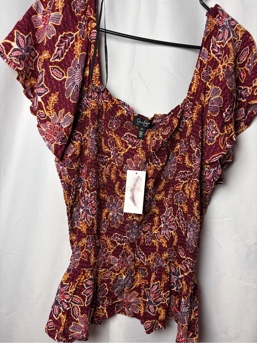 Jessica Simpson Burgundy Multi Floral Smocked Peplum Top